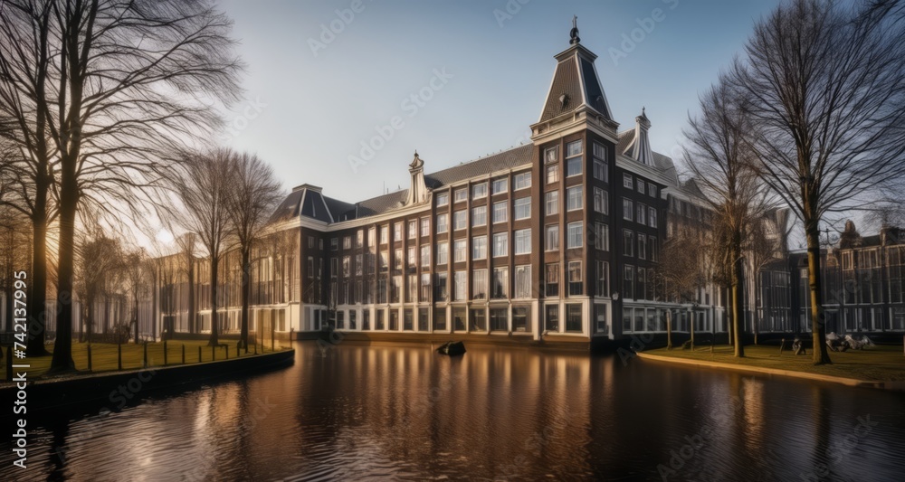 Fototapeta premium Elegant waterside architecture, serene reflection