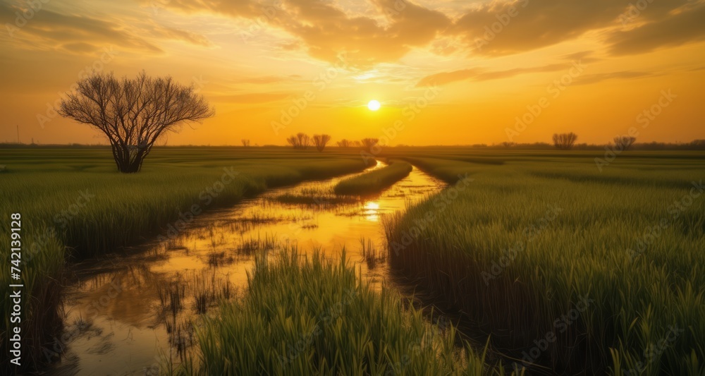  Golden sunset over a serene river in a lush field