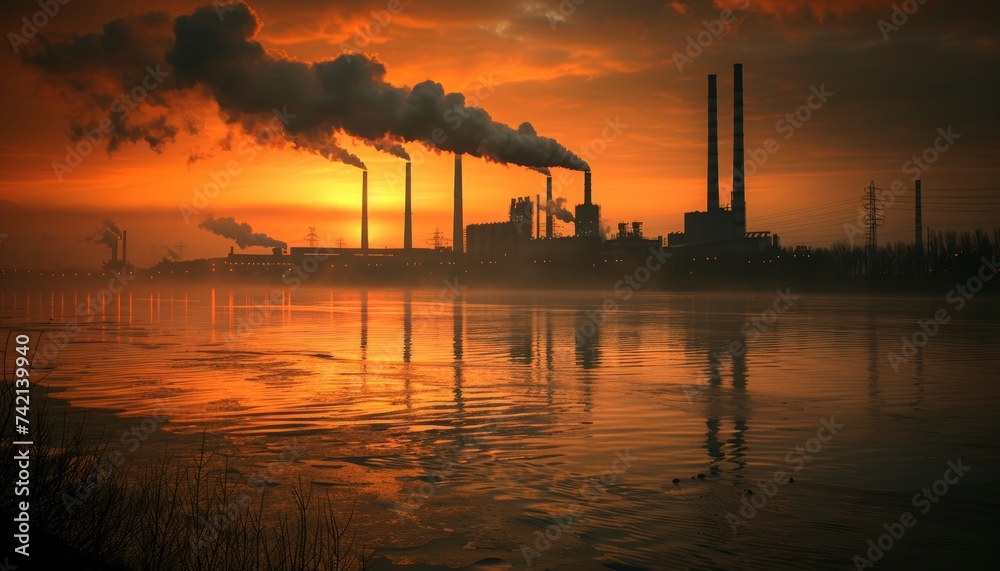 Factory chimney emissions symbolize environmental impact in dense smog due to industrial pollution.