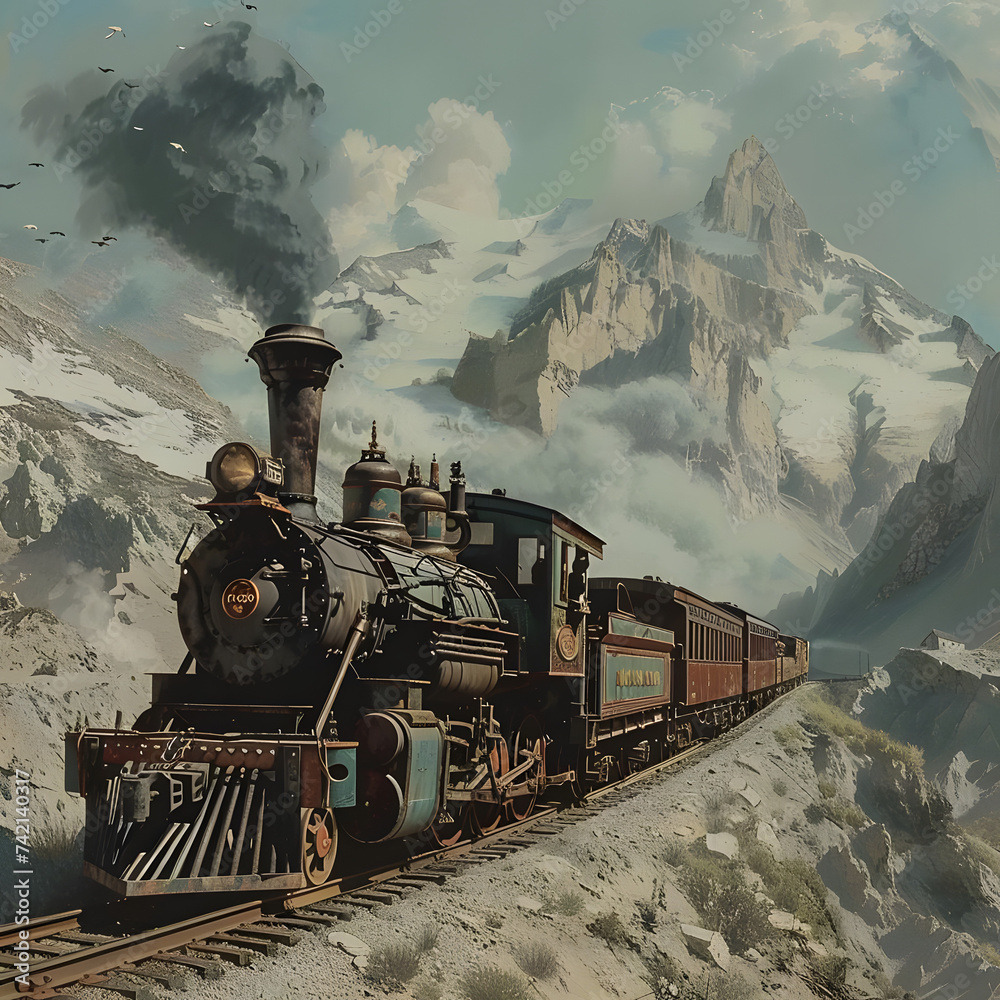 Construct a lifelike picture of a historic train visualized from a rail ...