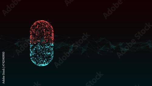 Blue hologram of pharmaceutical capsule with particles inside. Rotation. Concept of digital innovation in pharmaceutical products. development technology. photo