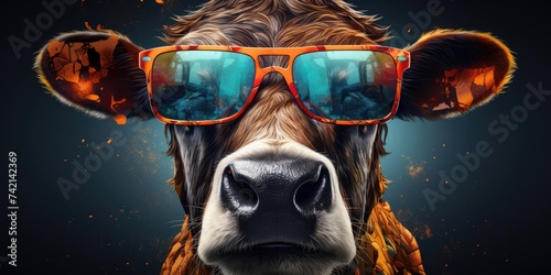 Cow Wearing Sunglasses Against Black Background Generative AI photo