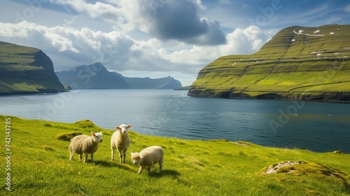 A group of sheep grazing on a grassy hill next to a lake.