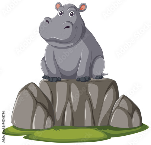 A cheerful cartoon hippopotamus sitting on rocks.