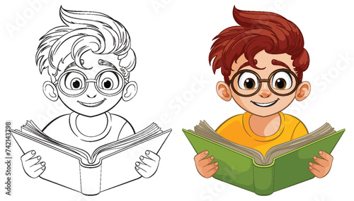 Two cartoon children happily reading colorful books.