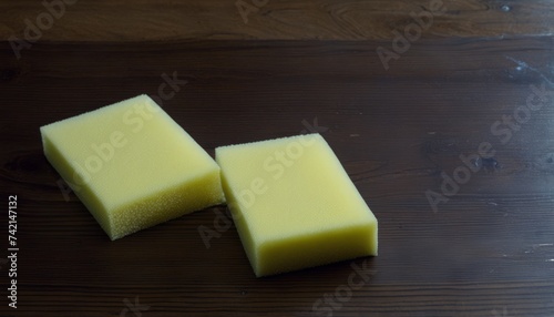  Freshly cut yellow sponge on wooden surface