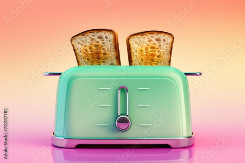 A fluoro green 1960s mid century retro toaster with two pieces of breakfast toast on a bench. Gradient isolated background. photo