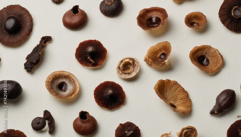 A collection of dried mushrooms and nuts on a white background A collection of dried mushrooms and nuts on a white background