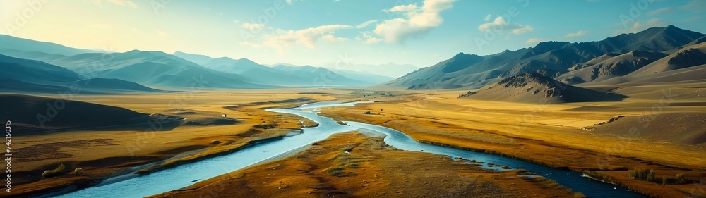 Panoramic Drone View of a Serene Mongolian Landscape. Generative ai Panoramic Drone View of a Serene Mongolian Landscape. Generative ai