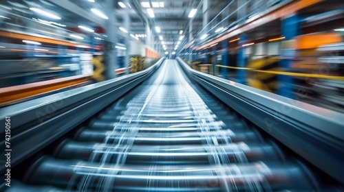 Dynamic Factory Interior with Motion Blur on Conveyor Belt. Generative ai