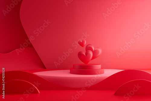 Red podium background for love for valentine's day, women's day with 3D heart shaped