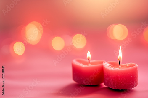 Two candles heart shape on pink background with copy space
