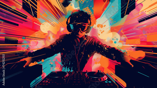Create a mesmerizing concert poster design featuring a renowned DJ using vibrant colors and abstract shapes that capture the energy and vibe of their music