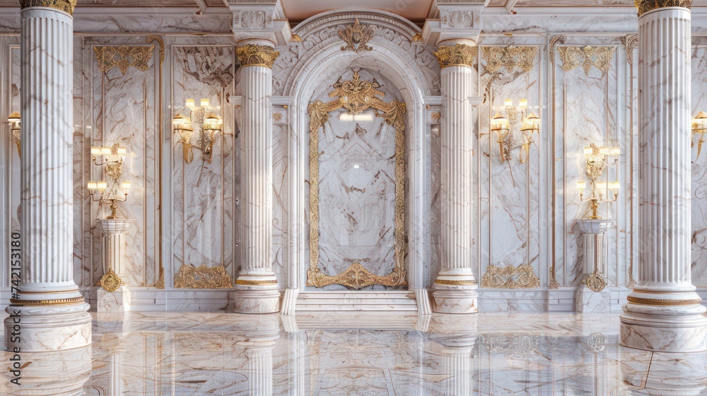 Fototapeta premium A white gold marble interior graces the royal palace, exuding regal opulence akin to the luxurious interiors found in golden palaces or castles. A backdrop that embodies luxury fantasy. 