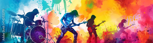 Harness your expertise as an illustrator and utilize your imagination to design a distinctive backdrop background for a concert featuring a music band of your choice The