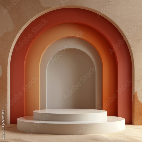 A stunning white podium stands proudly against a wall  framed by a round arch in fiery hues of red and orange  exuding a sense of grandeur and sophistication within the indoor space. 
