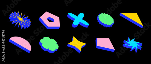 Colorful isometric shape set. Volumetric geometric collection. Bright retro brutalist form pack. Vintage Y2k abstract game elements for poster, cover, banner.  Memphis style pack. Vector