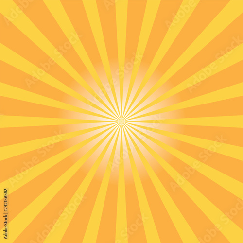Sun ray vector background. Radial beam sunrise or sunset light retro design illustration. Light sunburst glowing background.