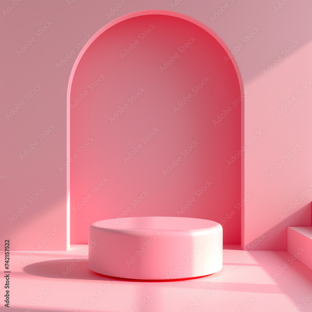 An eye-catching pink podium and arch stand out against a sleek red wall, creating a bold and modern design for an indoor event. Podium for Produkt presentation. Background for product mockup. An eye-catching pink podium and arch stand out against a sleek red wall, creating a bold and modern design for an indoor event. Podium for Produkt presentation. Background for product mockup.