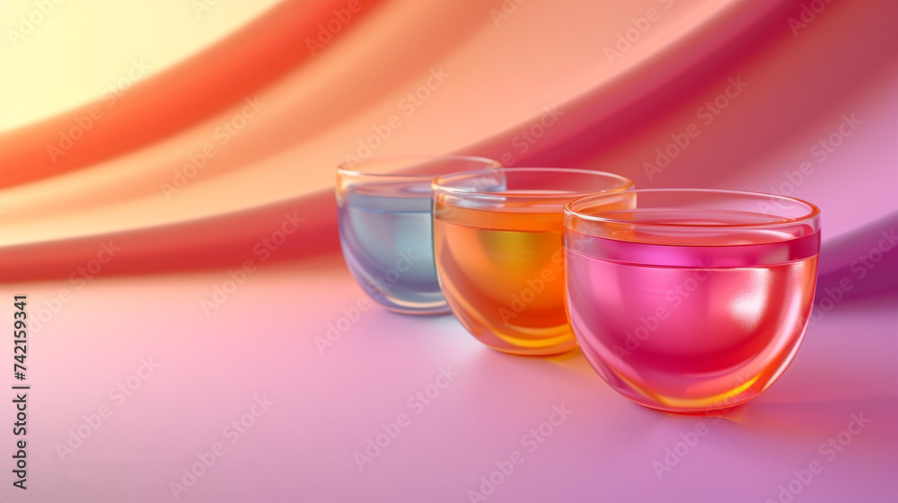 A vibrant assortment of drinkware, filled with various colored liquids, adorns the table in a dazzling display of fluidity and barware style A vibrant assortment of drinkware, filled with various colored liquids, adorns the table in a dazzling display of fluidity and barware style