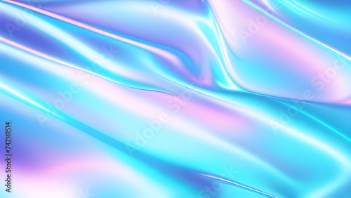 Holographic background texture design of neon iridescent wrinkled blue foil surface. 80s or 90s neon colors in wrinkled gradient foil pastel background