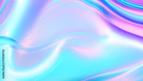 Holographic background texture design of neon iridescent wrinkled blue foil surface. 80s or 90s neon colors in wrinkled gradient foil pastel background