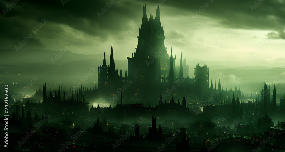 a castle surrounded by tall spires with dark clouds - obrazy, fototapety, plakaty 