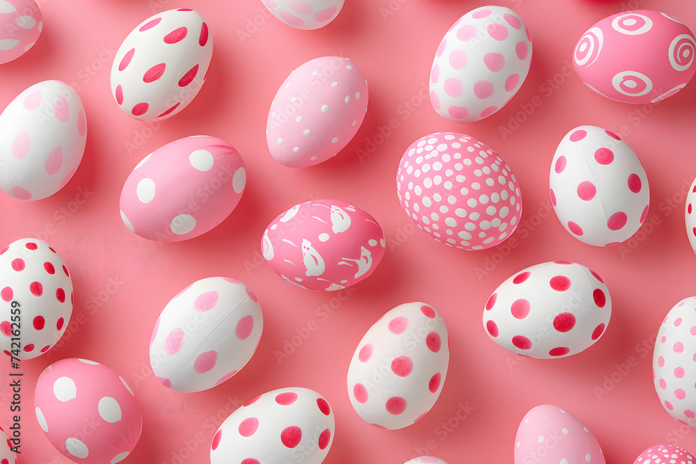 イースターの祝日、カラフルな卵とピンクの背景