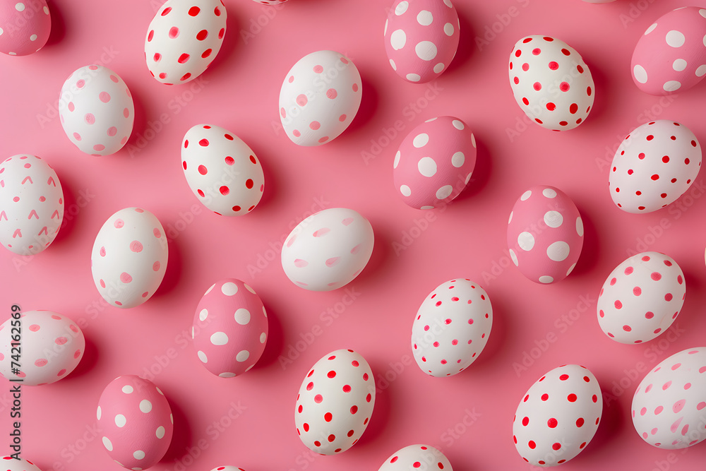イースターの祝日、カラフルな卵とピンクの背景