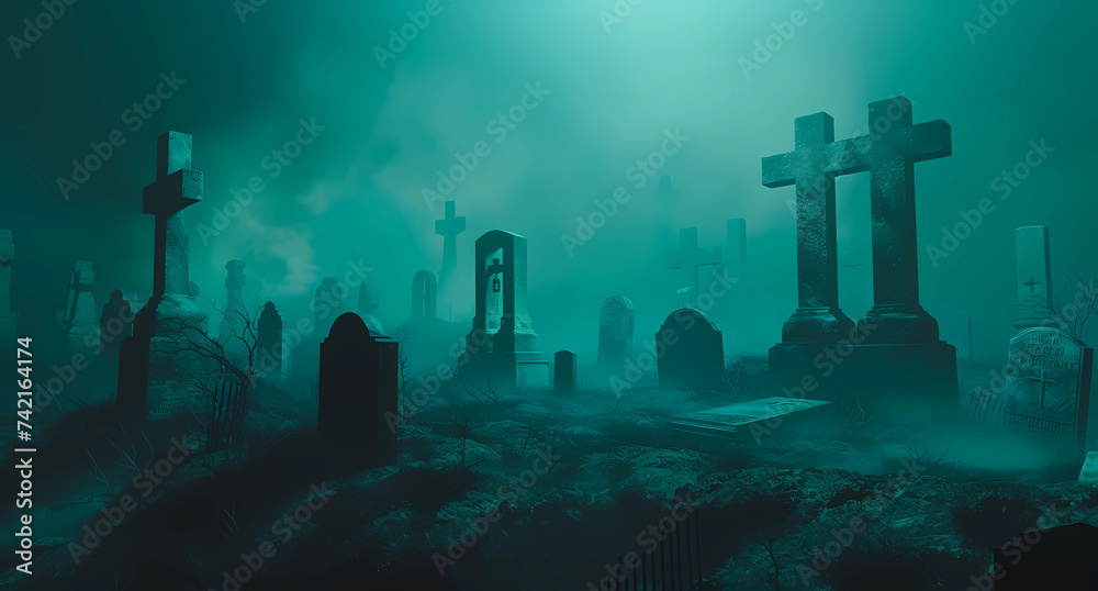 many gravestones in a graveyard on a dark foggy night