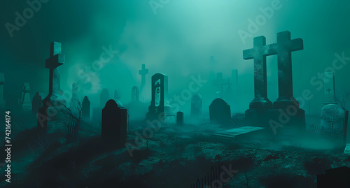 many gravestones in a graveyard on a dark foggy night