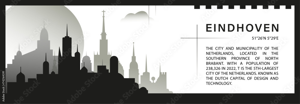 Eindhoven skyline vector banner, black and white minimalistic cityscape silhouette. Netherlands, Holland city horizontal graphic, travel infographic, monochrome layout for website