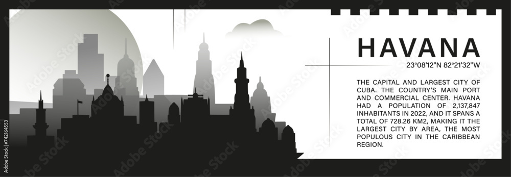 Havana skyline vector banner, black and white minimalistic cityscape silhouette. Cuba city horizontal graphic, travel infographic, monochrome layout for website