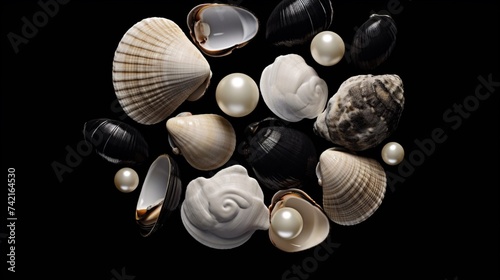 assortment of clams with open shells and pearls inside AI generative