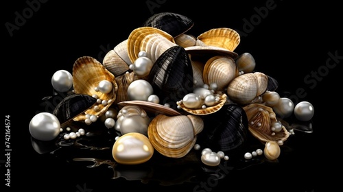 assortment of clams with open shells and pearls inside AI generative