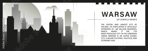 Warsaw skyline vector banner, black and white minimalistic cityscape silhouette. Poland capital city horizontal graphic, travel infographic, monochrome layout for website