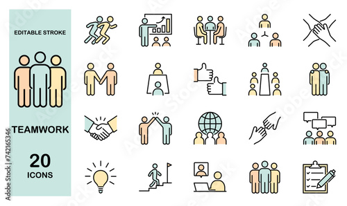 Business teamwork colorful icon set. Business team working together and human resources. Editable stroke.