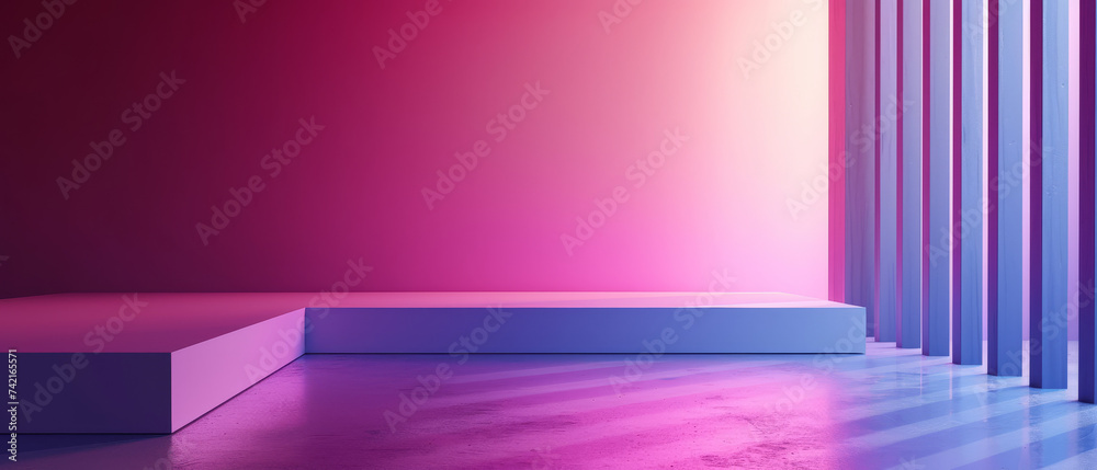 A vibrant mix of magenta and purple hues, a stunning abstract art piece adorns the pink wall, casting playful shadows on the sleek white floor in this modern indoor setting A vibrant mix of magenta and purple hues, a stunning abstract art piece adorns the pink wall, casting playful shadows on the sleek white floor in this modern indoor setting