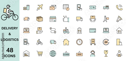 Set of delivery and logistic colorful icons, editable stroke	