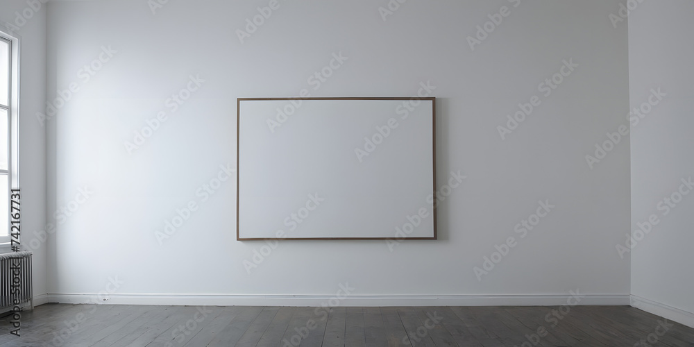 empty white room with blank canvas poster mockup on the white wall empty white room with blank canvas poster mockup on the white wall