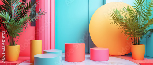 A vibrant indoor scene showcases a playful combination of a pink and blue podium adorned with a yellow circle and a delicate plant vase against a modern wall backdrop