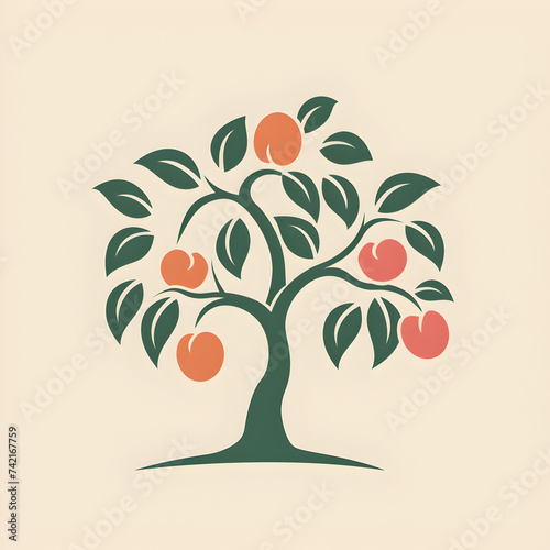 A logo illustration of a peach tree on beige background.