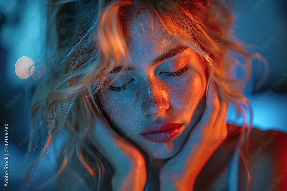 Young woman is suffering from a headache against a dark background. Studio shot Young woman is suffering from a headache against a dark background. Studio shot