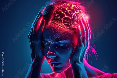 Brain diseases problem cause chronic severe headache migraine. Male adult look tired and stressed