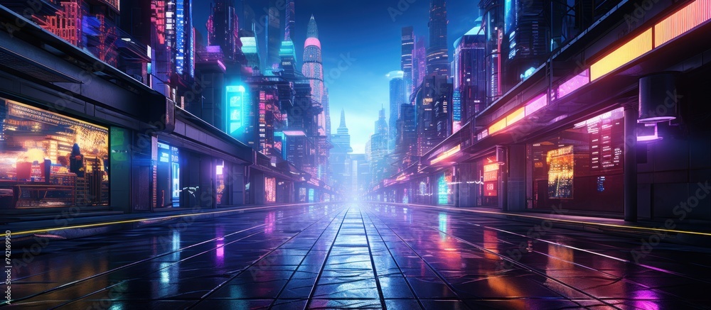 futuristic city at night with neon lights.