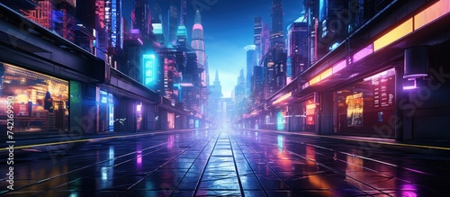 futuristic city at night with neon lights.