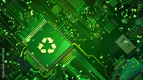 A vivid green circuit board highlighting electronics recycling concept with a recycle symbol prominently displayed.
