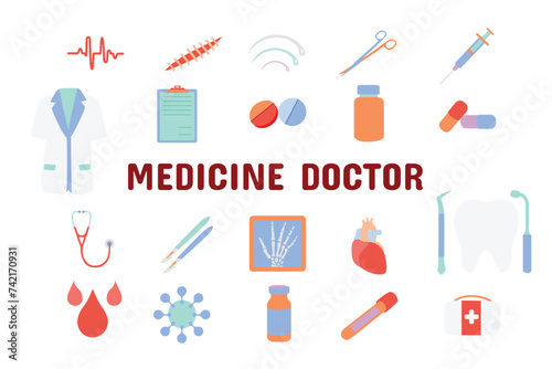 Medicine Doctor Flat Vector Illustration Icon Sticker Set Design Materials