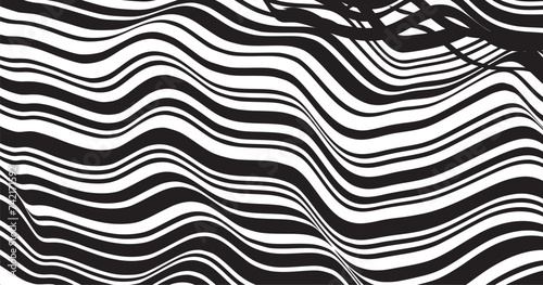 Abstract black and white stripes bent ribbon geometrical shape wave background texture. Vector illustration. © Fayaz