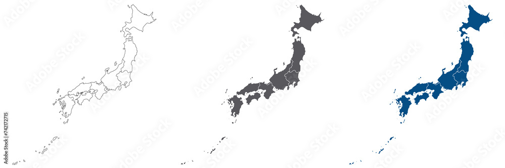 Japan map. Map of Japan in eight main regions in set